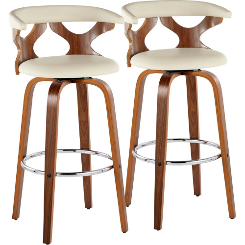 Gardenia 30" Swivel Bar Stool in Walnut Wood & Cream Leatherette w/ Chrome Footrest (Set of 2)